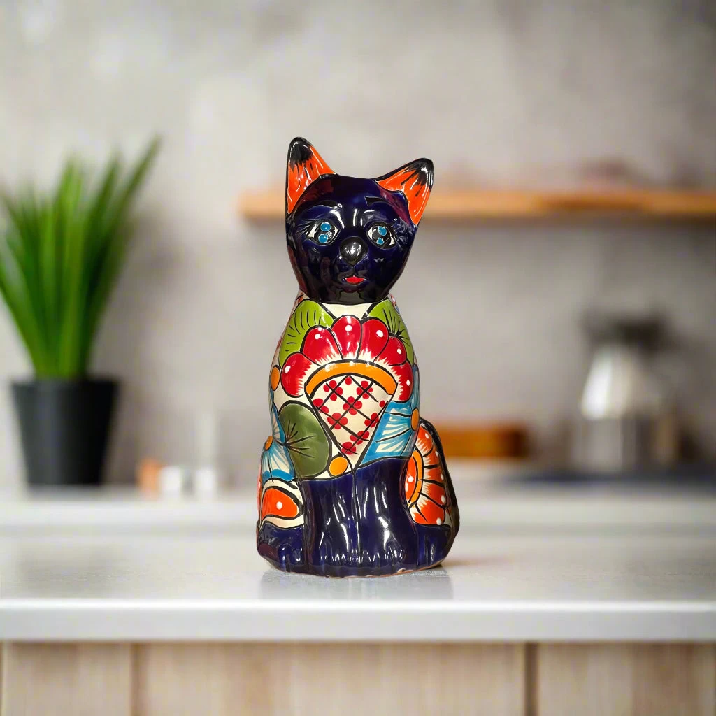 Colorful Hand-Painted Talavera Cat Statue | Medium Mexican Folk Art Decor 1 Colorful Hand-Painted Talavera Cat Statue | Medium Mexican Folk Art Decor