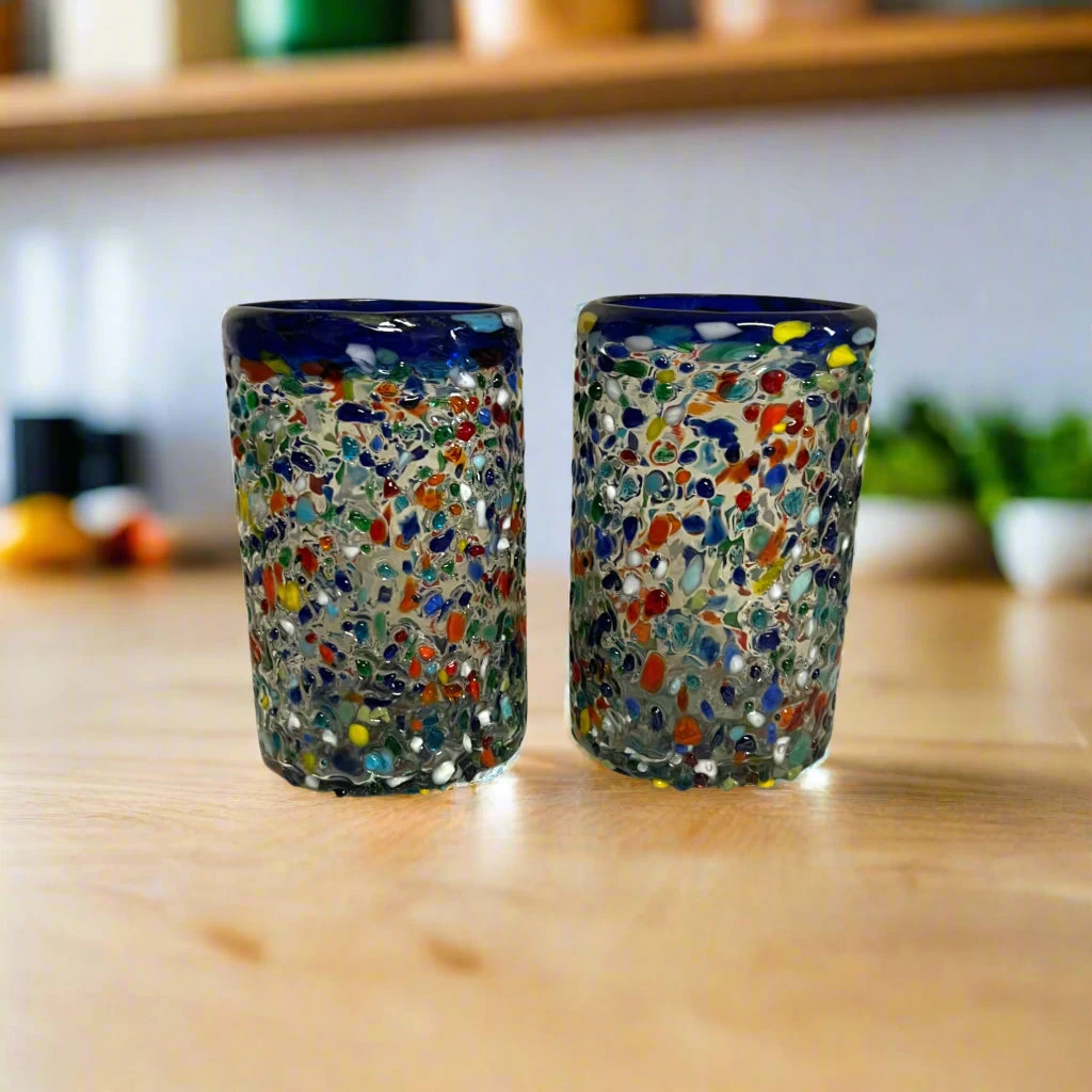 Confetti Pebbled Glass | Blue Rim Hand-Blown Mexican Tumbler 2 Confetti Pebbled Glass | Blue Rim Hand-Blown Mexican Tumbler - Image 2