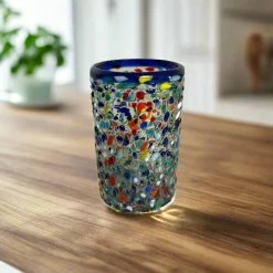 Confetti Pebbled Glass | Blue Rim Hand-Blown Mexican Tumbler