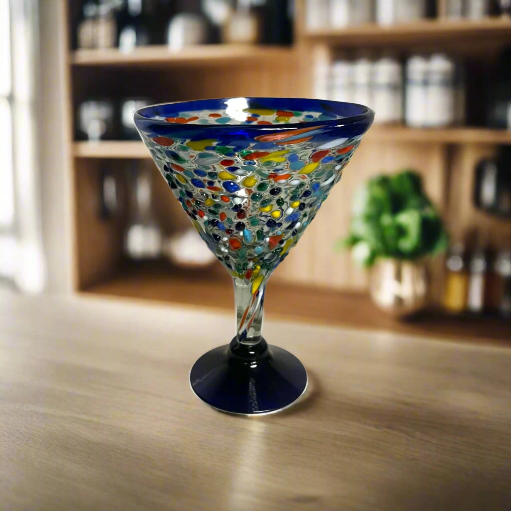 Confetti Rock Martini Glass With Blue Rim | Hand-Blown Mexican Barware 1 Confetti Rock Martini Glass With Blue Rim | Hand-Blown Mexican Barware