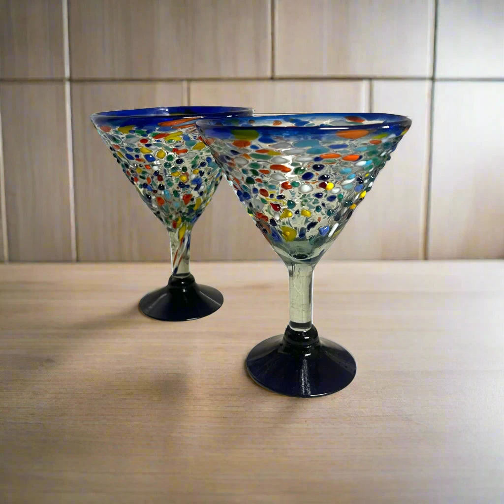 Confetti Rock Martini Glass With Blue Rim | Hand-Blown Mexican Barware 2 Confetti Rock Martini Glass With Blue Rim | Hand-Blown Mexican Barware - Image 2