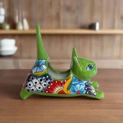 Talavera Cat Planter | Colorful Handcrafted Stretching Animal Pot