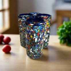 Blue Rim Confetti Pebbled Glass | Hand-Blown Mexican Tumbler -Pottery And Glassware 20250527 175453819 iOS Photoroom