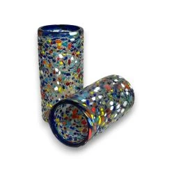 Blue Rim Confetti Pebbled Glass | Hand-Blown Mexican Tumbler -Pottery And Glassware 20250527 175522848 iOS Photoroom