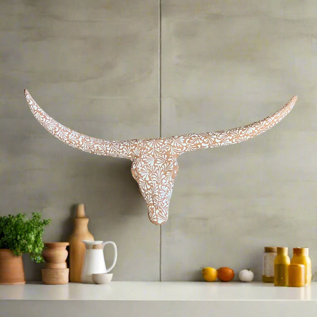 Terracotta Longhorn Wall Art | Hand-Painted Mexican Bull Skull 2 Terracotta Longhorn Wall Art | Hand-Painted Mexican Bull Skull - Image 2