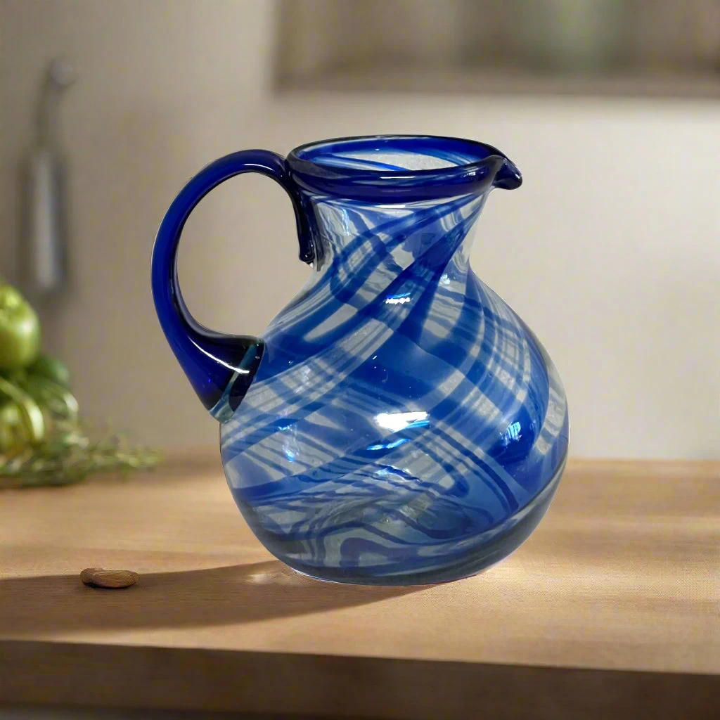 Blue Swirl Glass Pitcher | Hand-Blown Mexican Drinkware 1 Blue Swirl Glass Pitcher | Hand-Blown Mexican Drinkware