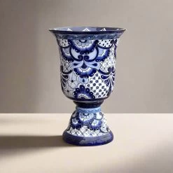 XL Talavera Planter | Hand-Painted Blue Pedestal Flower Pot