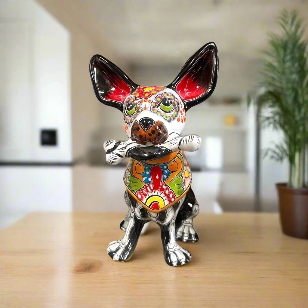 Talavera Chihuahua Holding Bone | Day Of The Dead Dog Figurine 2 Talavera Chihuahua Holding Bone | Day Of The Dead Dog Figurine - Image 2