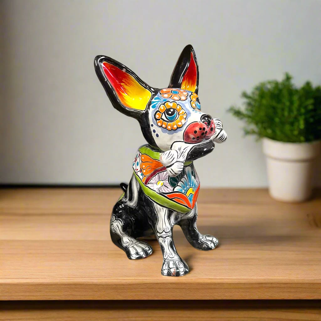Talavera Chihuahua Holding Bone | Day Of The Dead Dog Figurine 1 Talavera Chihuahua Holding Bone | Day Of The Dead Dog Figurine