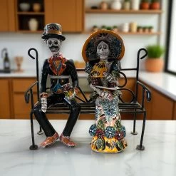 Talavera Skeleton Couple On Bench | Day Of The Dead Mexican Decor -Pottery And Glassware 20250623 181813672 iOS Photoroom 2