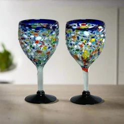 Hand Blown Mexican Wine Glasses | Blue Rim Confetti Design -Pottery And Glassware 20250709 221751970 iOS Photoroom Photoroom