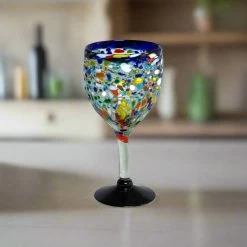 Hand Blown Mexican Wine Glasses | Blue Rim Confetti Design
