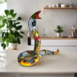 Talavera Snake Statue | Hand-Painted Mexican Cobra Figurine