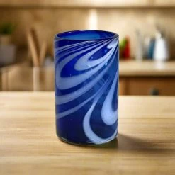 Handmade Mexican Drinking Glass | Blue With White Swirl