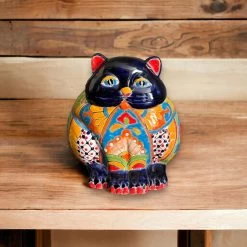 Adorable Handmade Fat Cat Planter | Colorful Talavera Artwork (Medium Size)