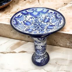 Blue & White Talavera Bird Bath | Mexican Garden Art -Pottery And Glassware Blue Talavera Bird Bath Authentic Mexican Artwork 20 Diameter