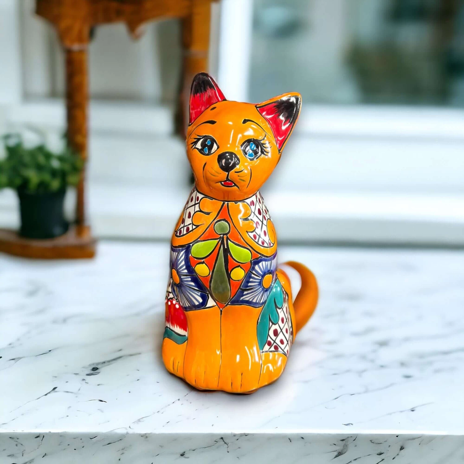 Colorful Hand-Painted Talavera Cat Statue | Medium Mexican Folk Art Decor 2 Colorful Hand-Painted Talavera Cat Statue | Medium Mexican Folk Art Decor - Image 2