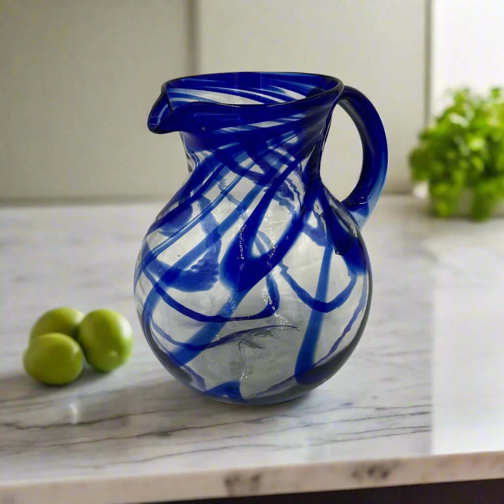 Blue Swirl Glass Pitcher | Hand-Blown Mexican Drinkware 2 Blue Swirl Glass Pitcher | Hand-Blown Mexican Drinkware - Image 2
