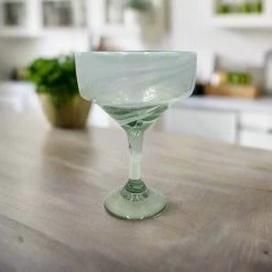 White Swirl Margarita Glass | Hand Blown Mexican Barware -Pottery And Glassware Hand Blown Mexican Margarita Glass White Swirl Design