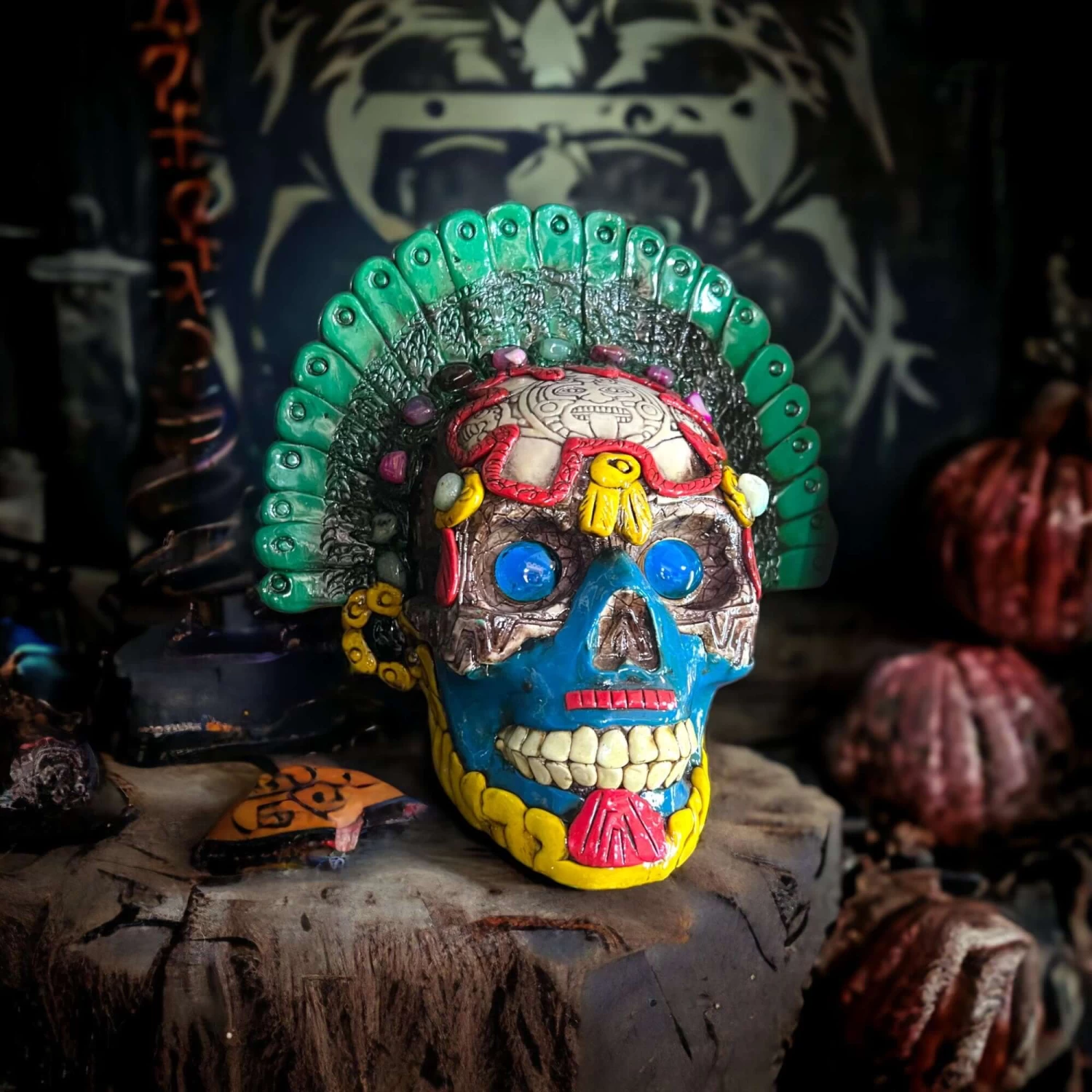 Handcrafted Aztec Warrior Skull Statue | Cultural Art 1 Handcrafted Aztec Warrior Skull Statue | Cultural Art