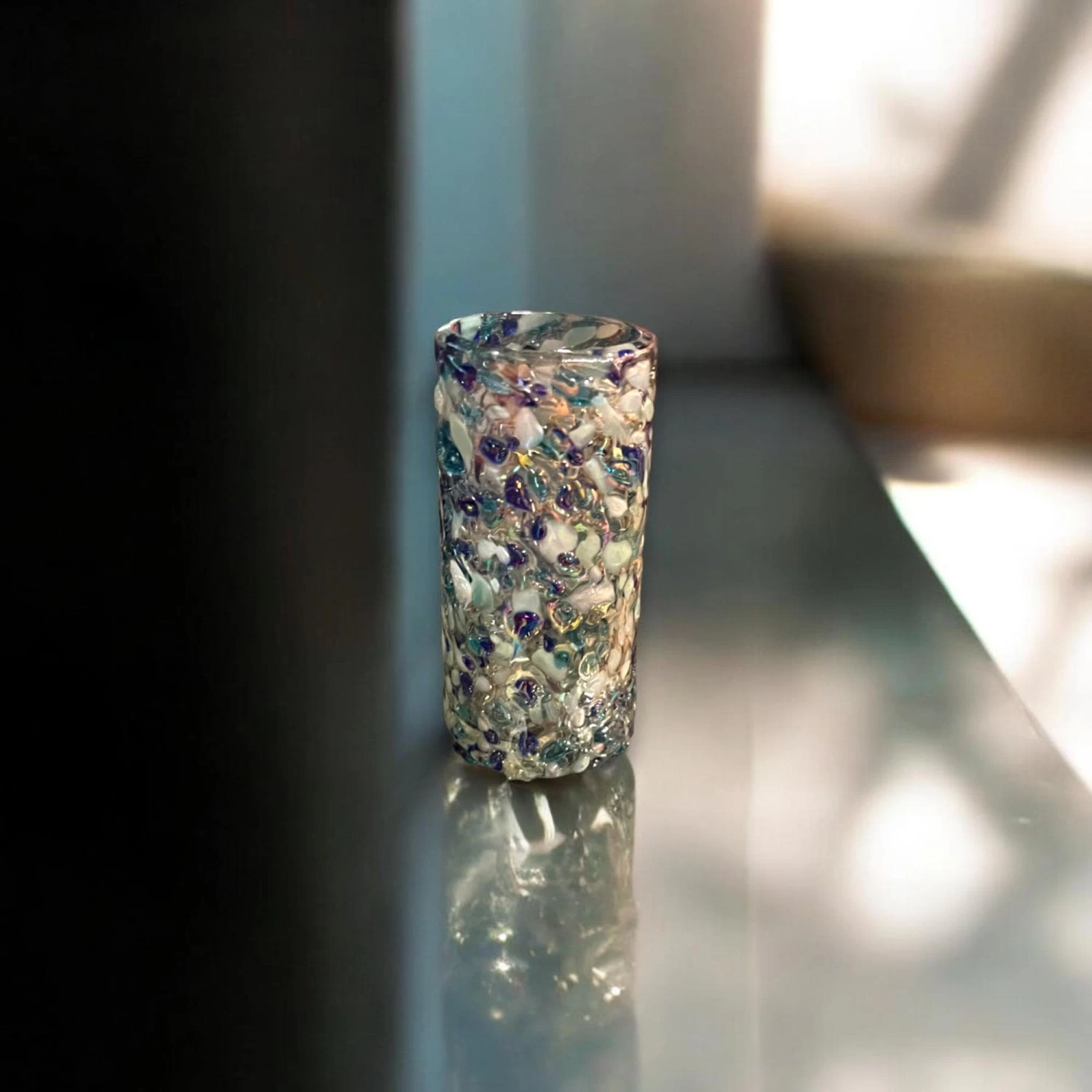 Handmade Blue And White Confetti Shot Glass | Artisanal Double Shot Glass 1 Handmade Blue And White Confetti Shot Glass | Artisanal Double Shot Glass