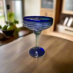 Mexican Margarita Glass | Hand-Blown Blue Swirl Cocktail Cup -Pottery And Glassware Handmade Mexican Margarita Glass Blue Swirl Design