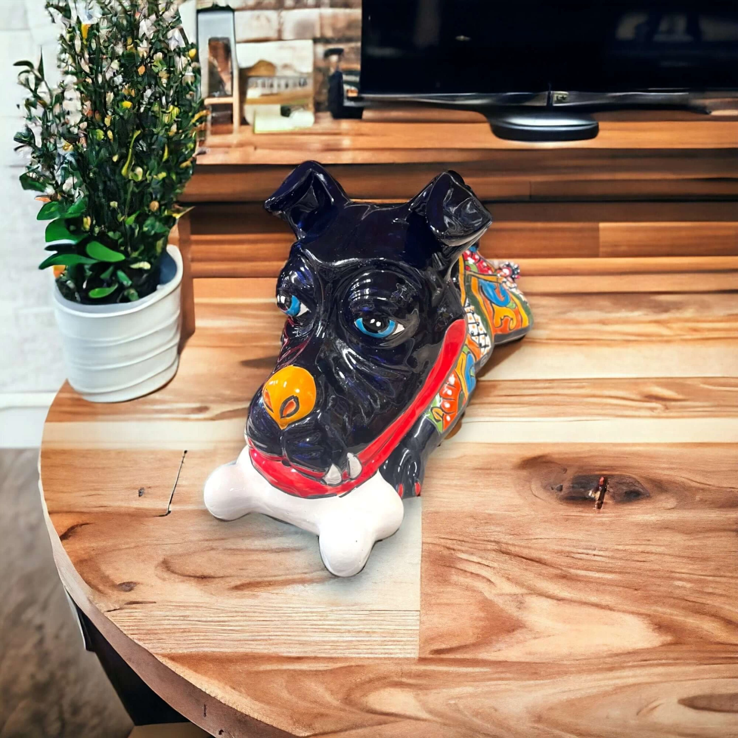 Handpainted Talavera Ceramic Large Laying Dog Decor With Bone 1 Handpainted Talavera Ceramic Large Laying Dog Decor With Bone