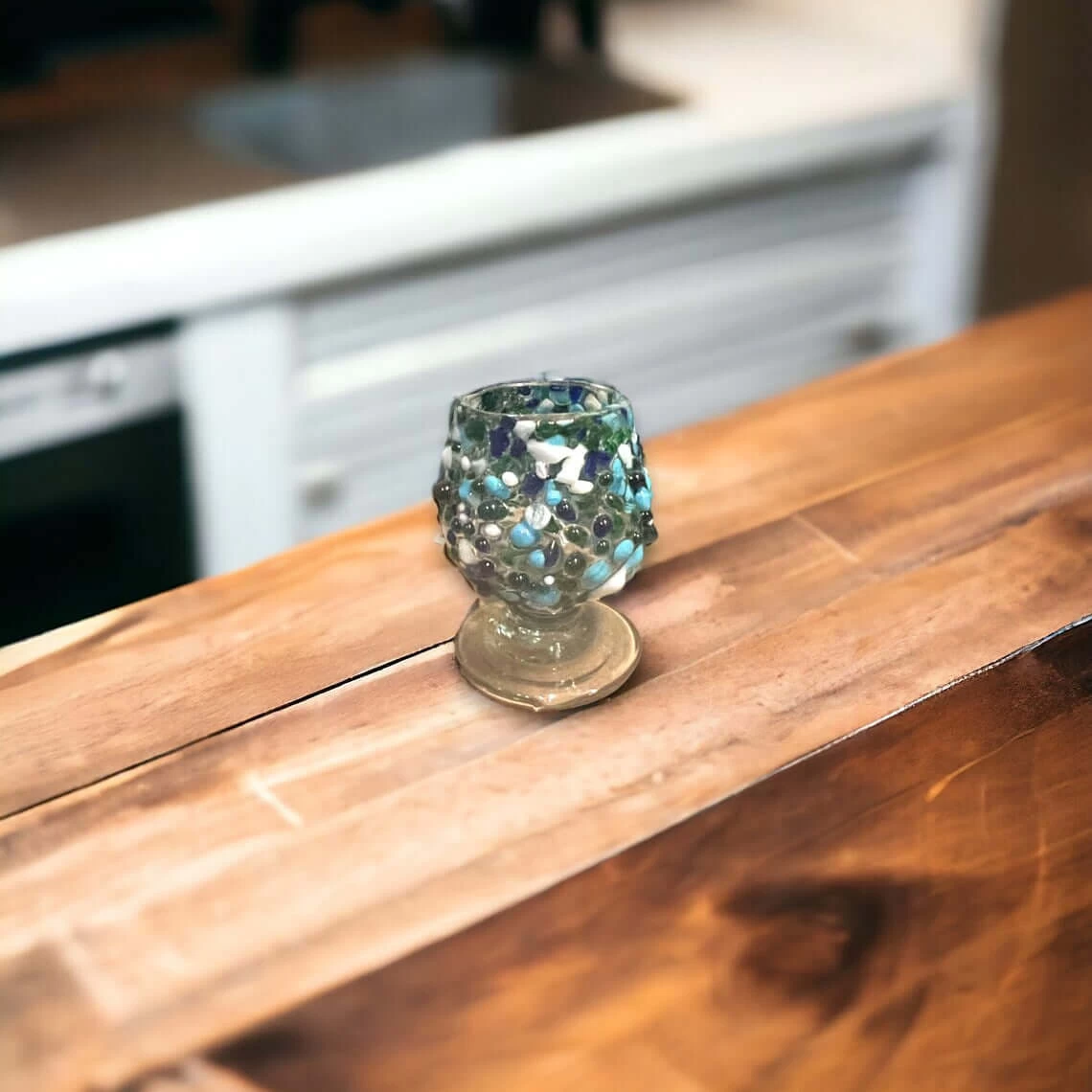 Mexican Artisan Shot Glass | Handcrafted Blue Green White Design 1 Mexican Artisan Shot Glass | Handcrafted Blue Green White Design