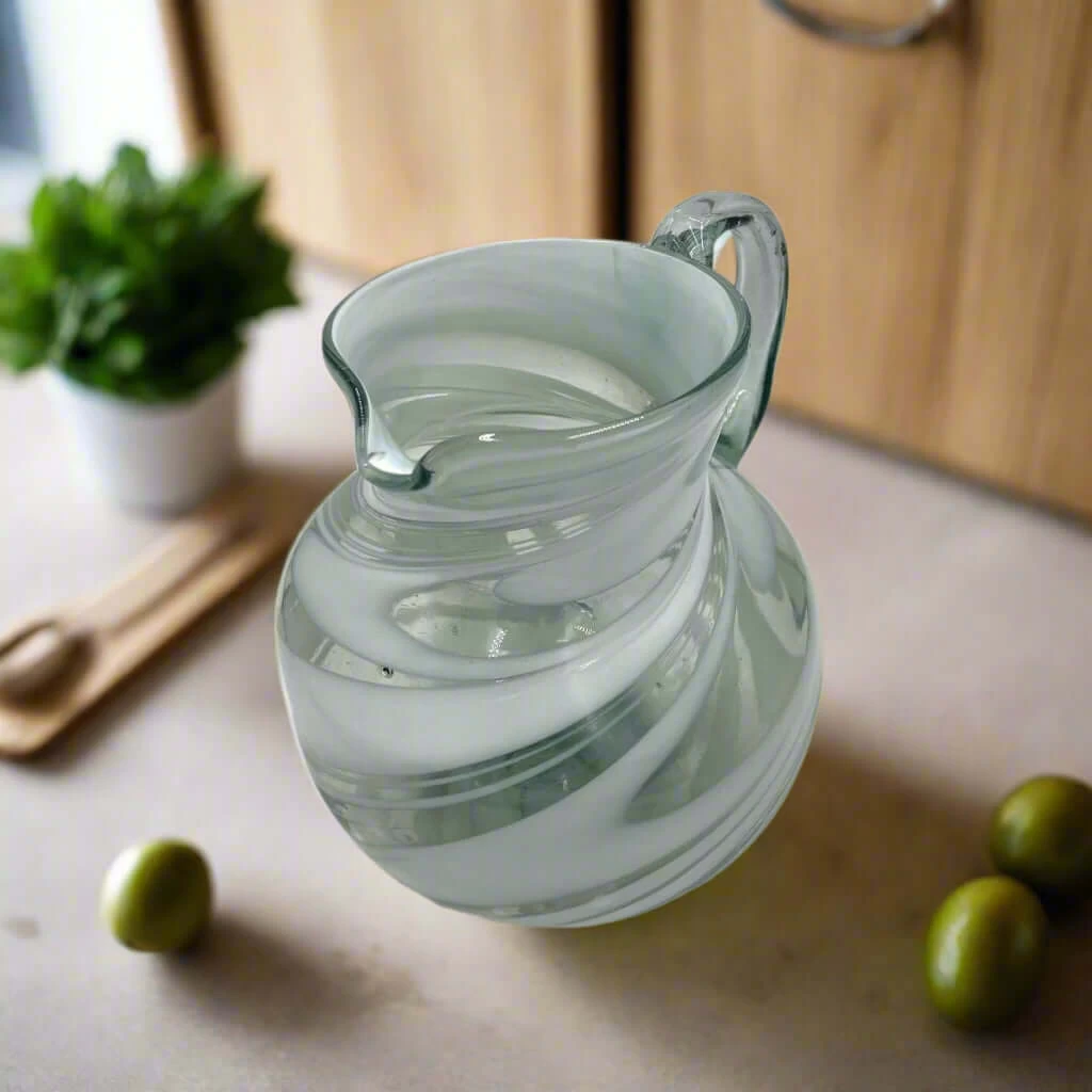 Mexican Hand-Blown Glass Pitcher | White Swirl 1 Mexican Hand-Blown Glass Pitcher | White Swirl