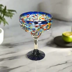 Mexican Hand-Blown Margarita Glass | Blue Confetti Rock Design