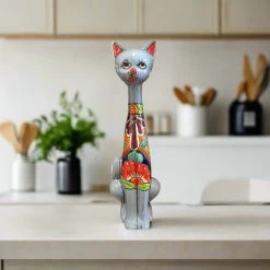 Mexican Handmade Talavera Cat Statue | Cultural Artwork (19.5" Tall)