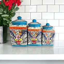 Set Of 3 Light Blue Talavera Canister Set | Handmade Mexican Pottery From Puebla