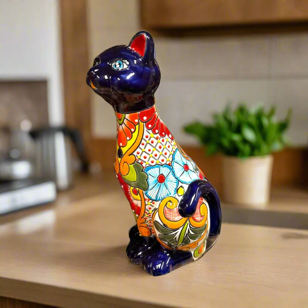Talavera Cat Statue | Hand-Painted Mexican Ceramic Figurine 2 Talavera Cat Statue | Hand-Painted Mexican Ceramic Figurine - Image 2