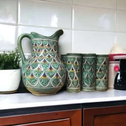 Talavera Peacock Pitcher And 6 Cup Set | Authentic Artisan Crafted Collection