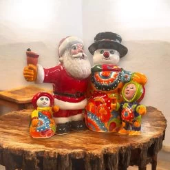 Talavera Santa & Snowman Statue | Hand-Painted Christmas Decor