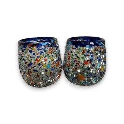 Blue Rim Confetti Wine Glass | Hand-Blown Mexican Stemless Cup 6 Blue Rim Confetti Wine Glass | Hand-Blown Mexican Stemless Cup -Pottery And Glassware blue rim confetti hand blown wine glass