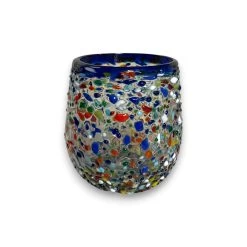 Blue Rim Confetti Wine Glass | Hand-Blown Mexican Stemless Cup 7 Blue Rim Confetti Wine Glass | Hand-Blown Mexican Stemless Cup -Pottery And Glassware blue rim confetti wine glass mexico