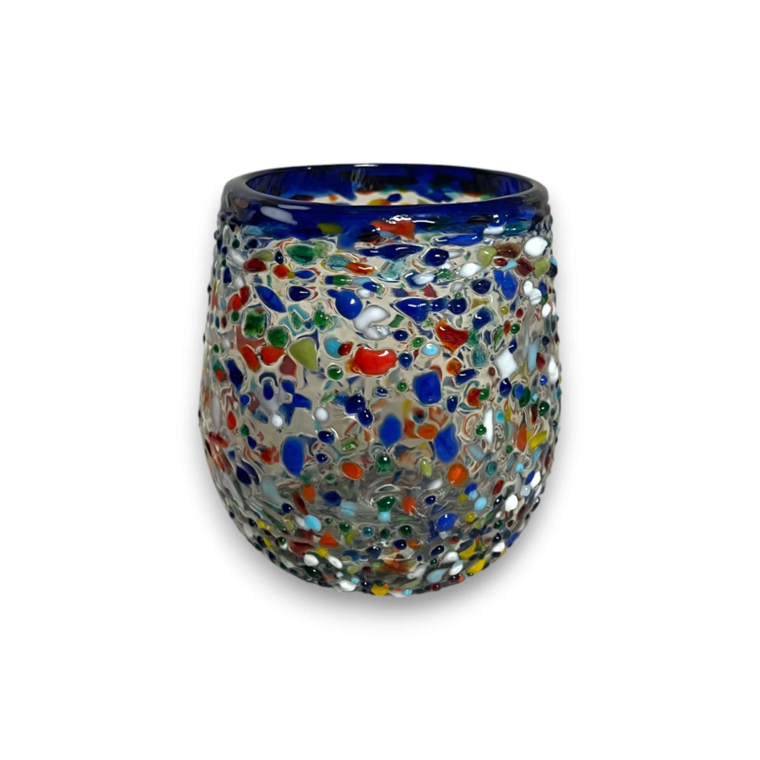 Blue Rim Confetti Wine Glass | Hand-Blown Mexican Stemless Cup 4 Blue Rim Confetti Wine Glass | Hand-Blown Mexican Stemless Cup - Image 4
