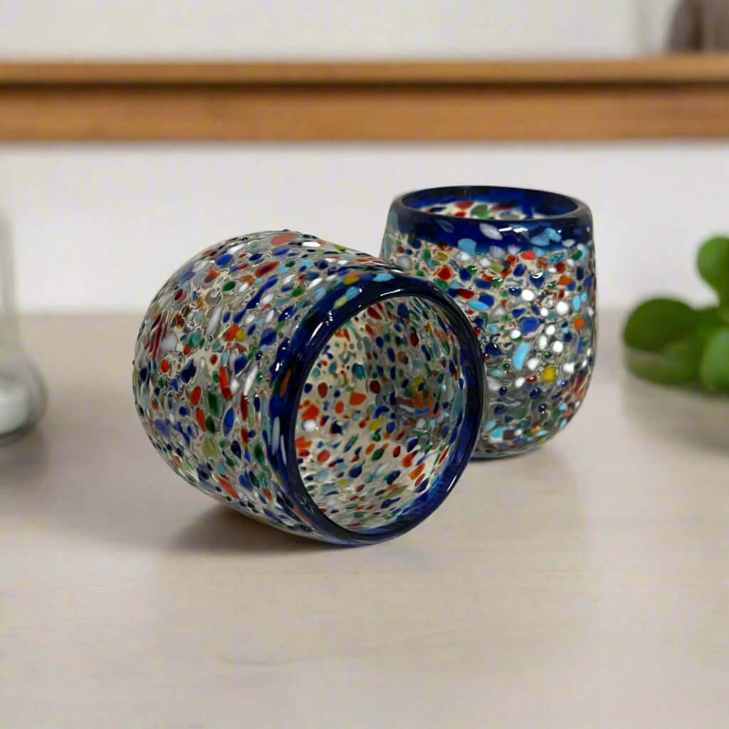 Blue Rim Confetti Wine Glass | Hand-Blown Mexican Stemless Cup 2 Blue Rim Confetti Wine Glass | Hand-Blown Mexican Stemless Cup - Image 2