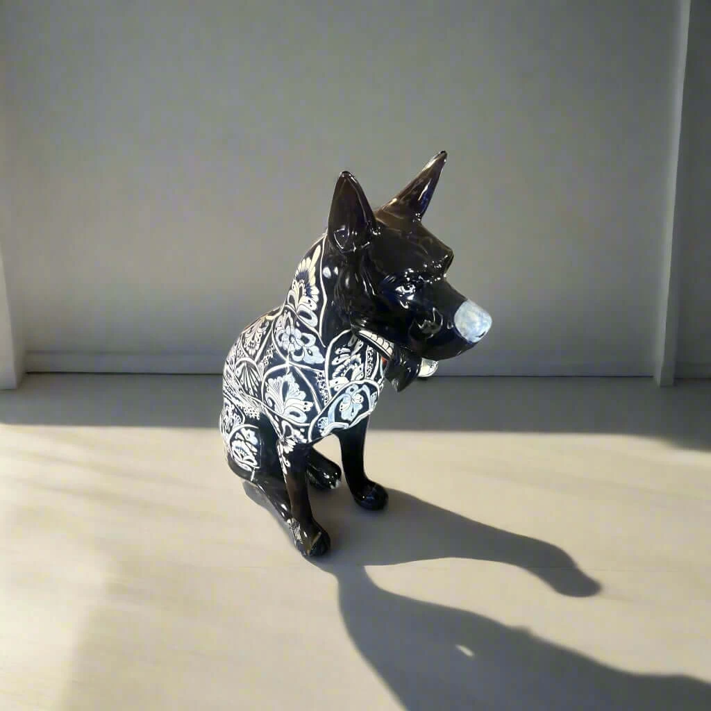 Blue & White Talavera Dog Statue | Handmade Ceramic Art 2 Blue & White Talavera Dog Statue | Handmade Ceramic Art - Image 2