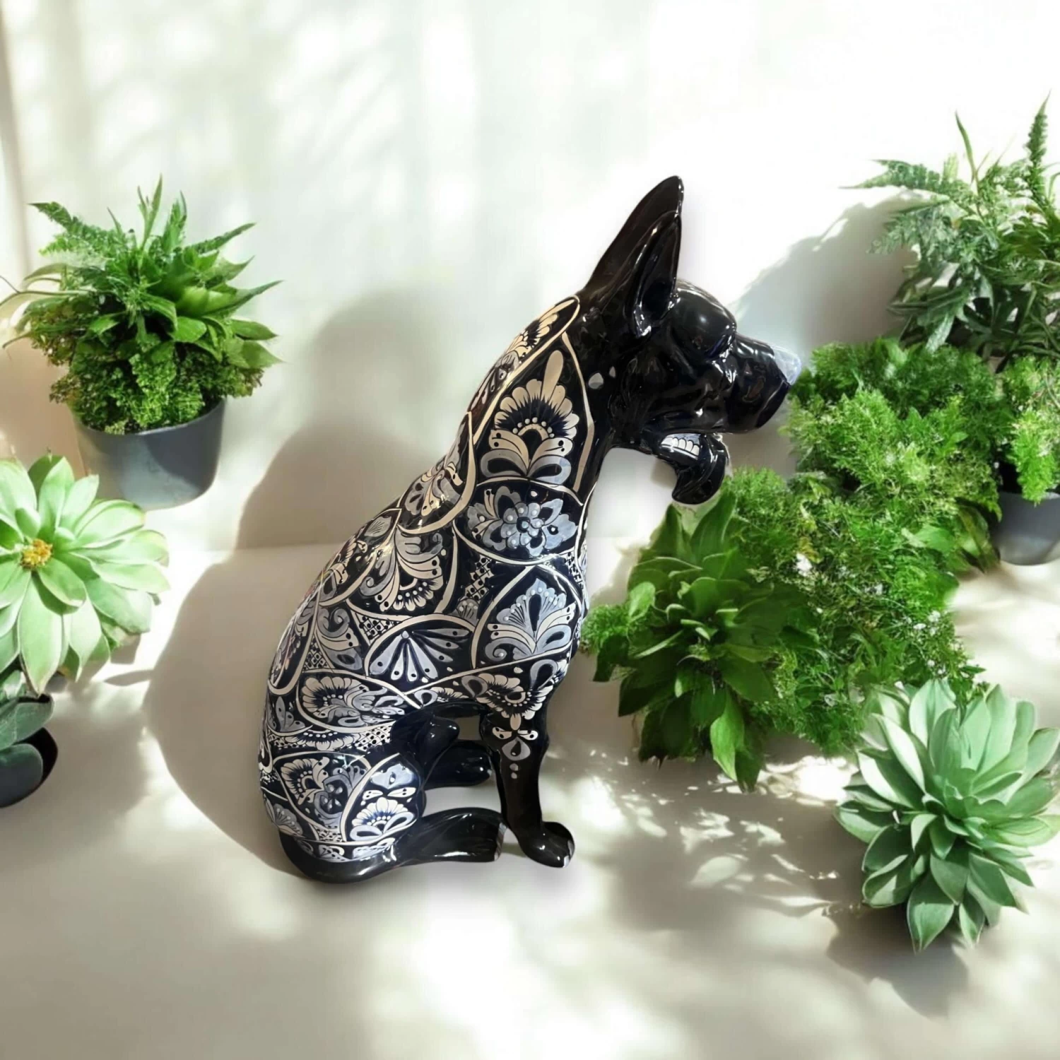 Blue & White Talavera Dog Statue | Handmade Ceramic Art 3 Blue & White Talavera Dog Statue | Handmade Ceramic Art - Image 3