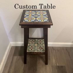 Customizable Mexican End Table | Talavera Tile Wood Side Table -Pottery And Glassware customizable mexican talavera tile end table