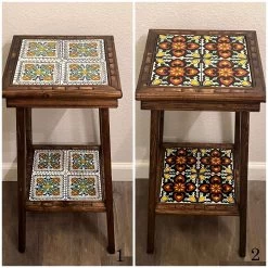 Customizable Mexican End Table | Talavera Tile Wood Side Table -Pottery And Glassware customizable mexican talavera tile wood end table