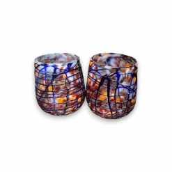 Mexican Stemless Wine Glass | Hand-Blown Orange & Blue Swirl -Pottery And Glassware hand blown stemless wine glass orange blue