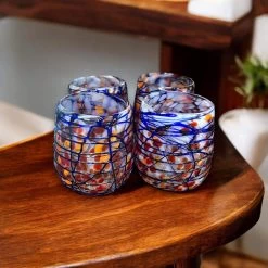 Mexican Stemless Wine Glass | Hand-Blown Orange & Blue Swirl -Pottery And Glassware handblown mexican stemless wine glass