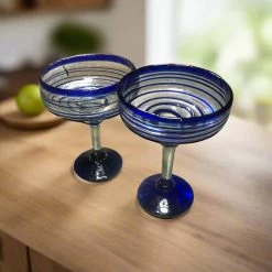 Mexican Margarita Glass | Hand-Blown Blue Swirl Cocktail Cup -Pottery And Glassware handmade mexican margarita glasses blue swirl design