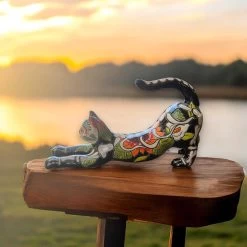 Handmade Talavera Stretching Cat Statue | Day Of The Dead Mexican Folk Art -Pottery And Glassware handmade talavera stretching cat statue day of the dead
