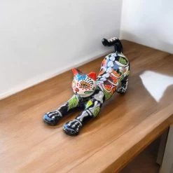 Handmade Talavera Stretching Cat Statue | Day Of The Dead Mexican Folk Art