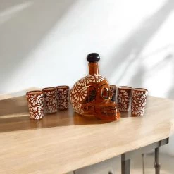 Handmade Skull Decanter Set | Brown & White Mexican Barware -Pottery And Glassware handmade skull decanter mexican barware set