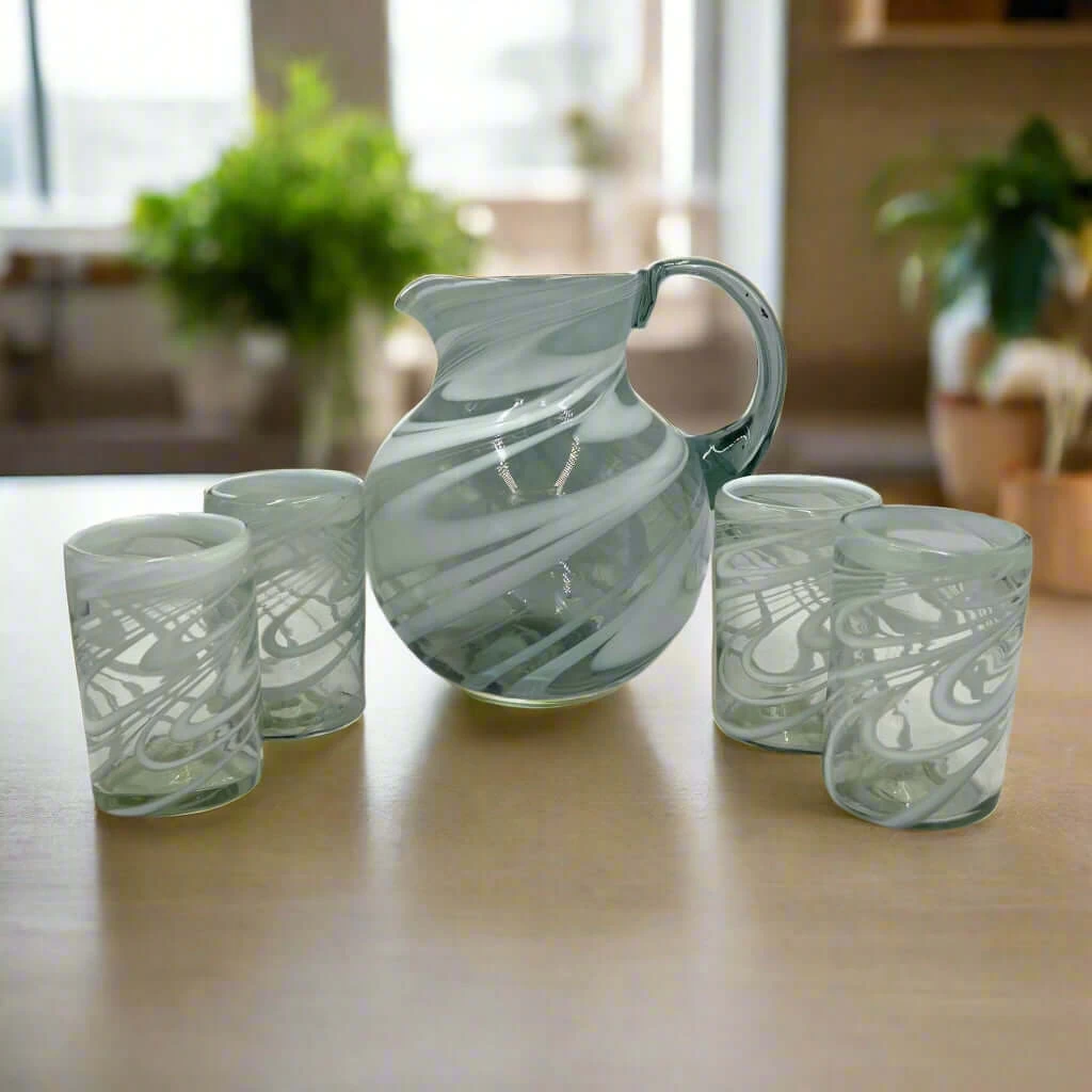 Mexican Hand-Blown Glass Pitcher | White Swirl 2 Mexican Hand-Blown Glass Pitcher | White Swirl - Image 2